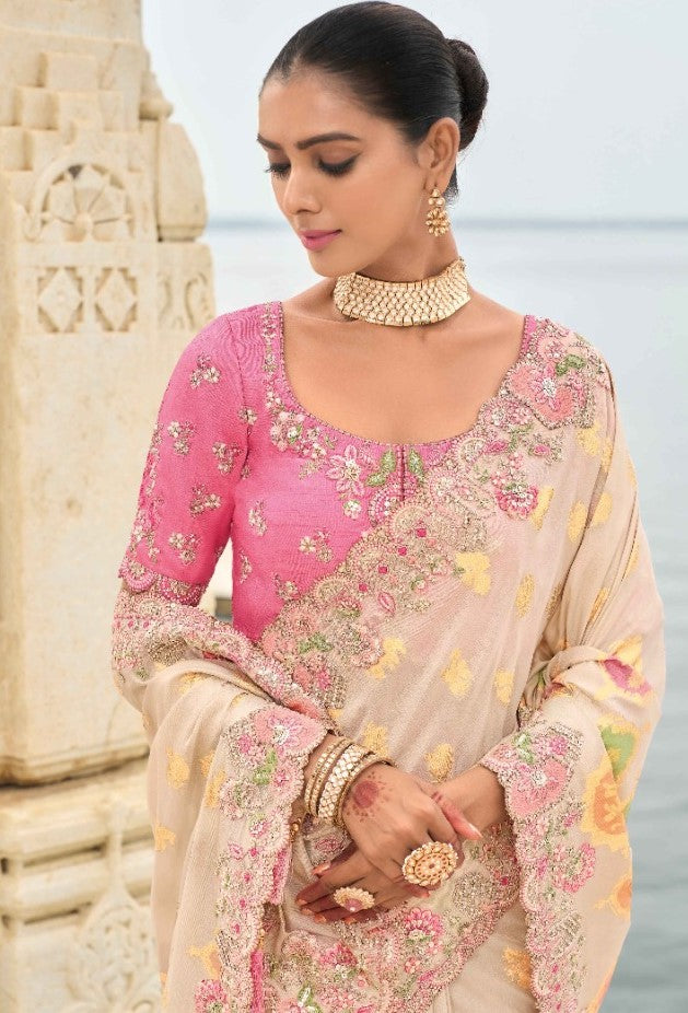Stylish Off White And Pink Viscose Silk Embroidery Saree