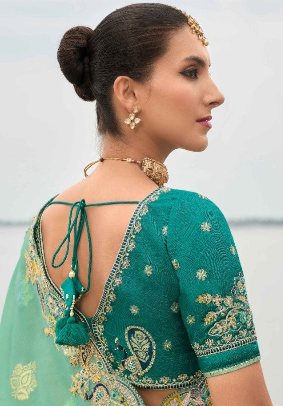 Vibrant Teal Viscose Silk Embroidery Saree