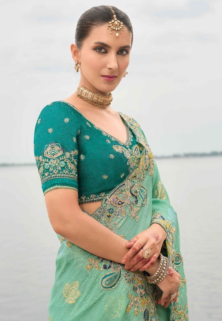 Vibrant Teal Viscose Silk Embroidery Saree