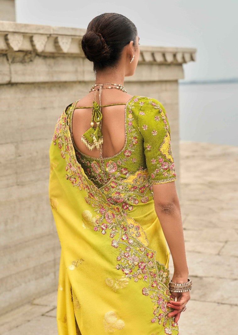 Elegant Yellow And Green Viscose Silk Embroidery Saree