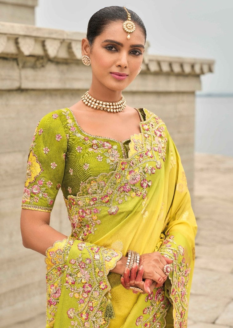Elegant Yellow And Green Viscose Silk Embroidery Saree