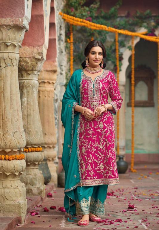 Women Pink And Teal Chinon Pakistani Suit Set