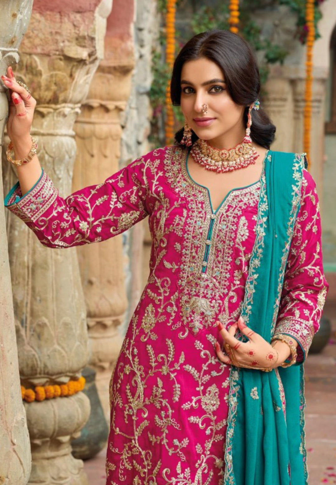 Women Pink And Teal Chinon Pakistani Suit Set