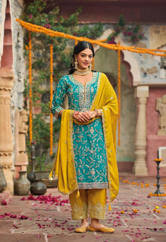 Women Teal And Mustard Chinon Pakistani Suit Set
