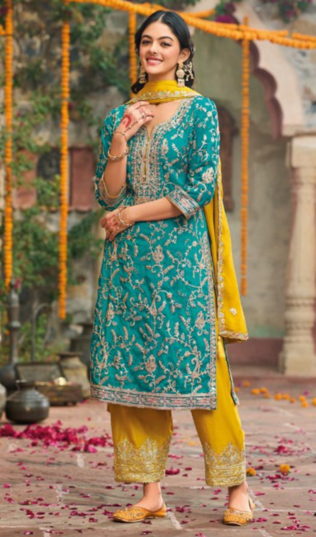 Women Teal And Mustard Chinon Pakistani Suit Set