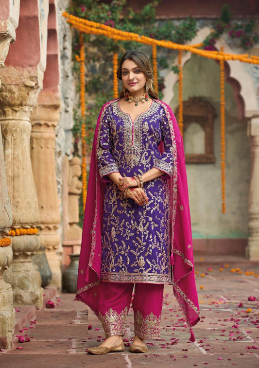Women Purple And Pink Chinon Pakistani Suit Set