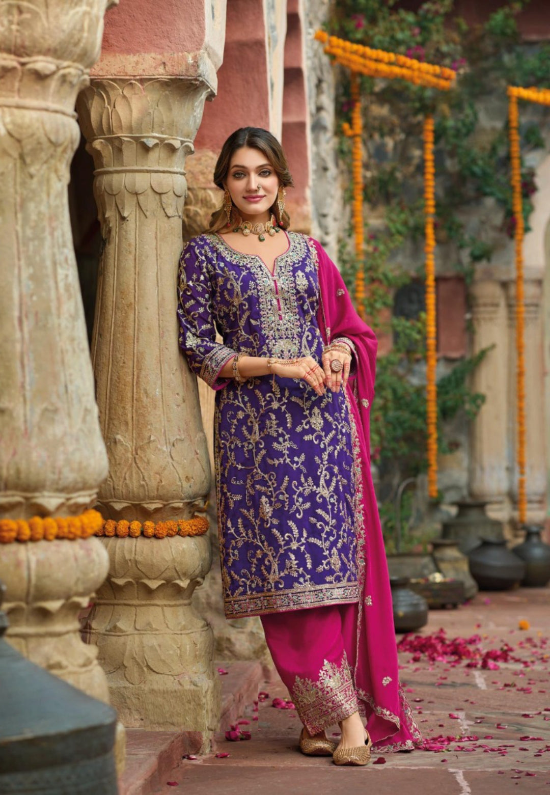 Women Purple And Pink Chinon Pakistani Suit Set