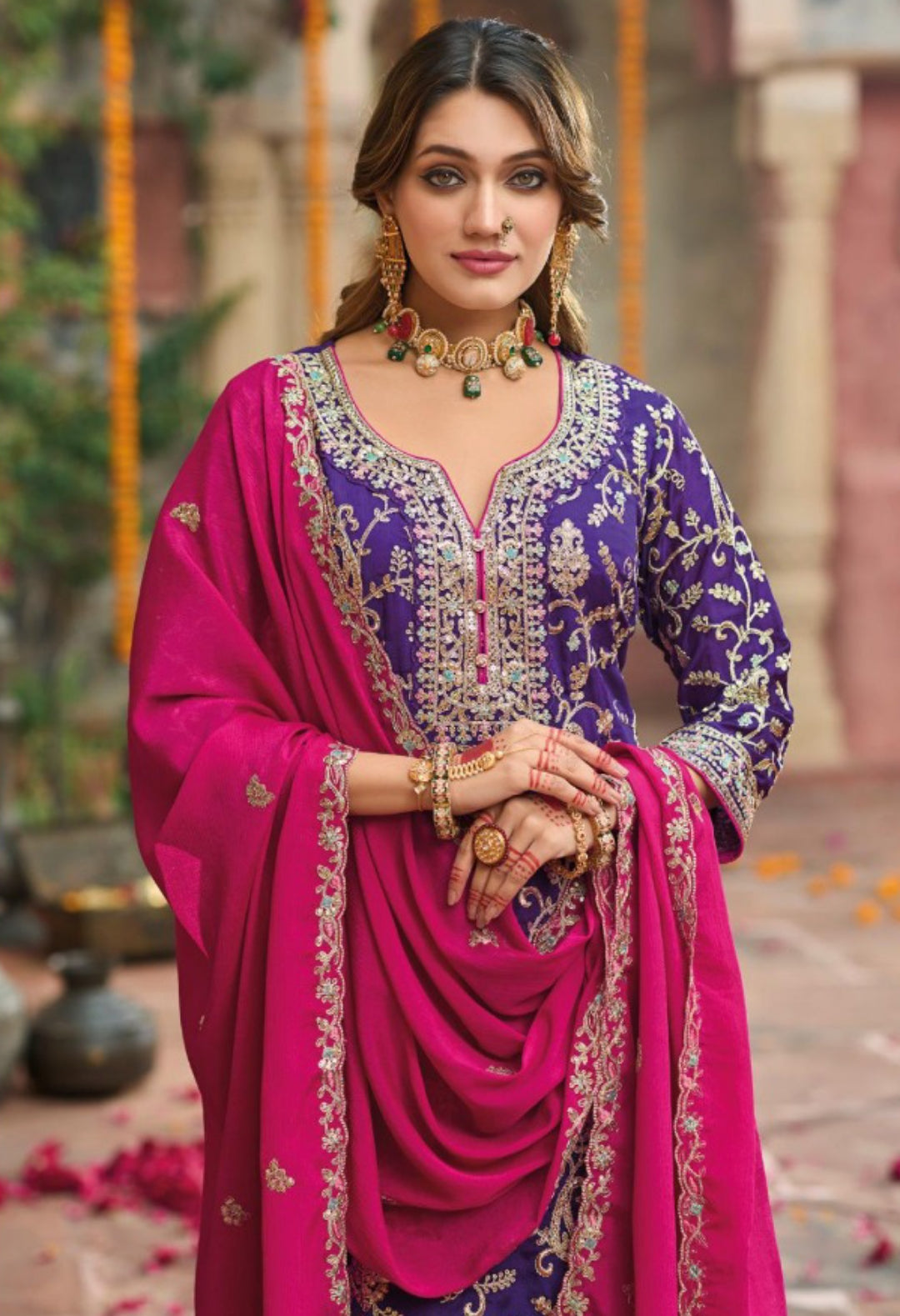 Women Purple And Pink Chinon Pakistani Suit Set