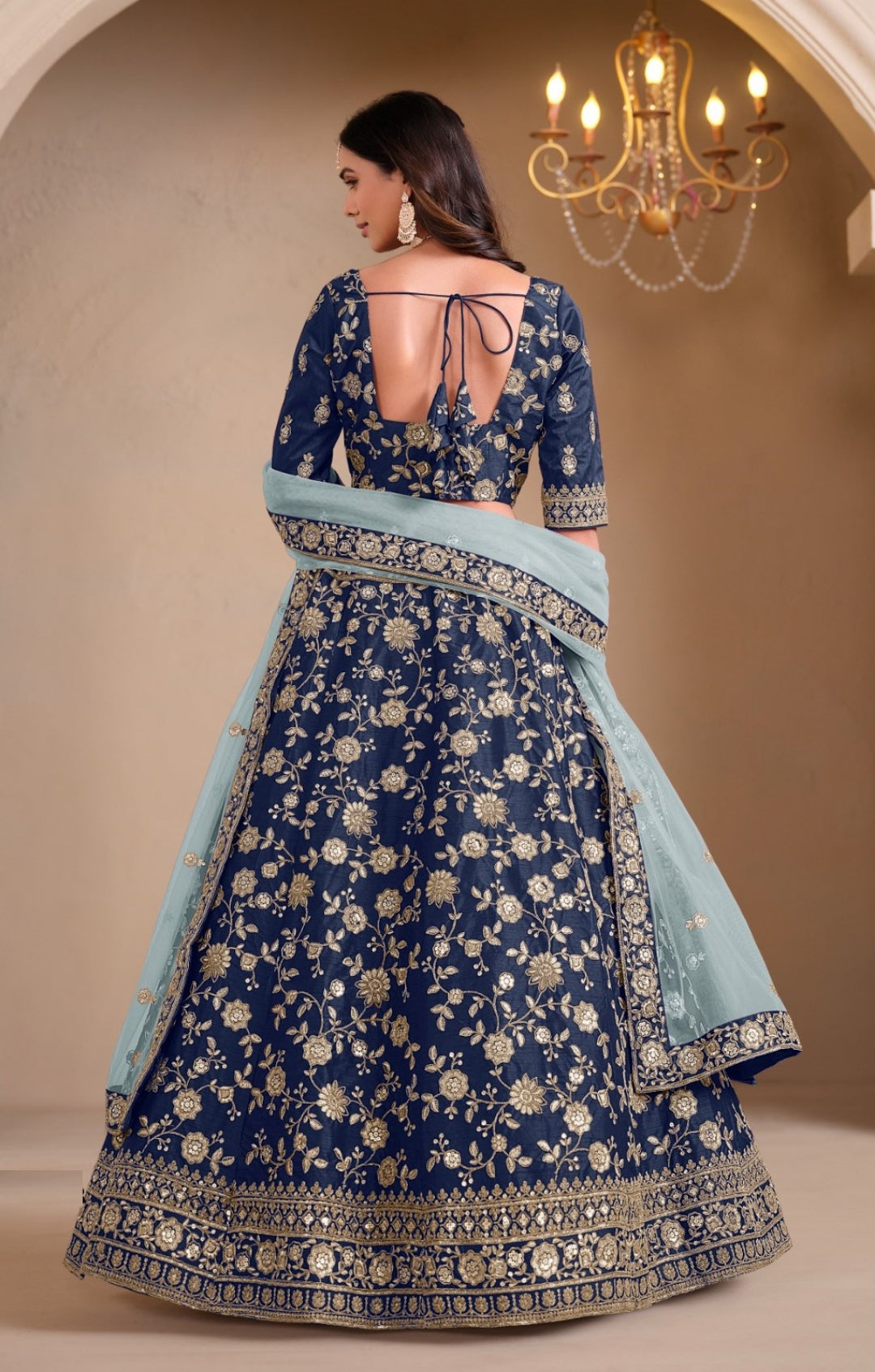 Sublime Navy Blue Art Silk Traditional Lehenga