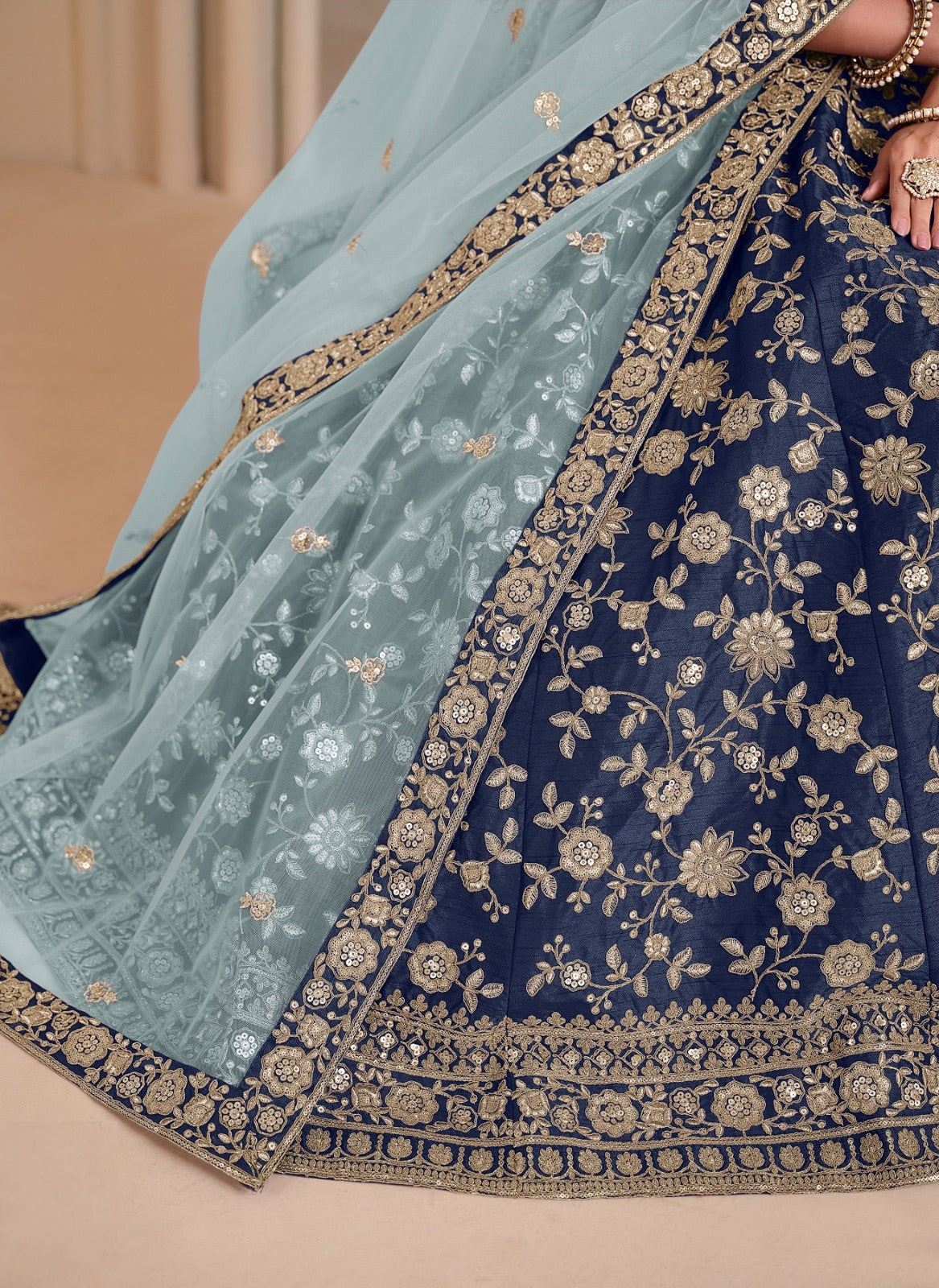 Sublime Navy Blue Art Silk Traditional Lehenga