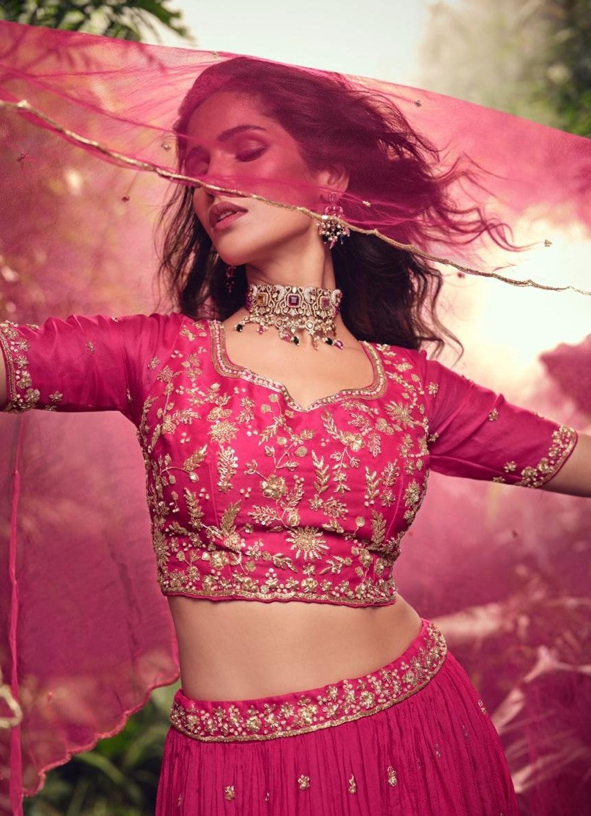 Women Pink Chinon Silk Gliterring Lehenga