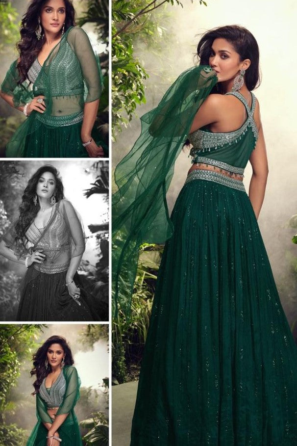Women Green Chinon Silk Gliterring Lehenga