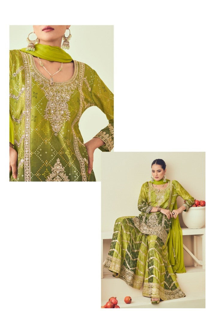 Flawless Green Chinon Sharara Suit Set With Jarkan Work