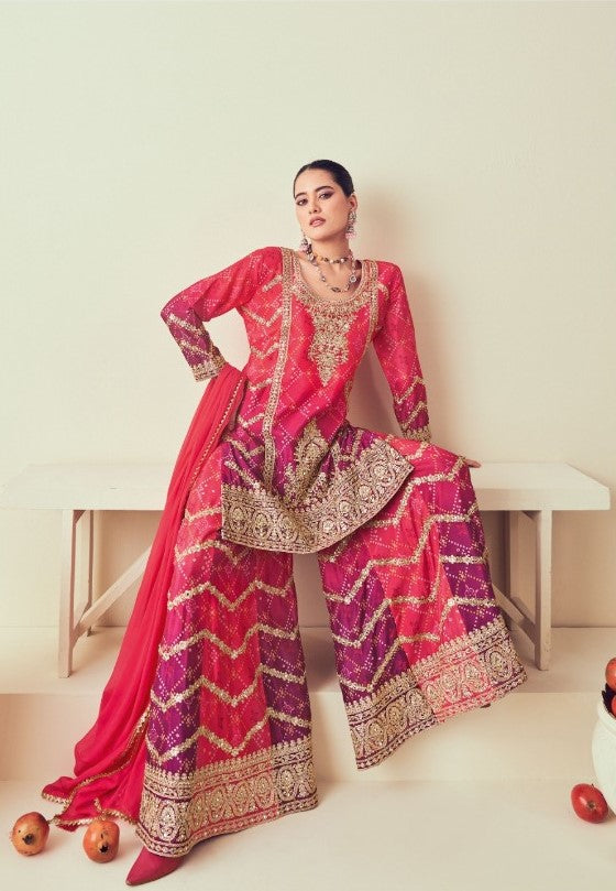 Dazzling Pink And Purple Chinon Sharara Suit Set With Jarkan Work