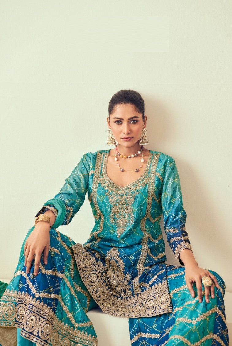 Trendy Teal And Navy Blue Chinon Sharara Suit Set With Jarkan Work