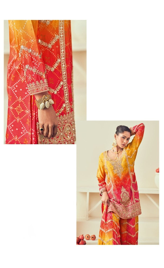 Graceful Pink And Mustard Chinon Sharara Suit Set With Jarkan Work