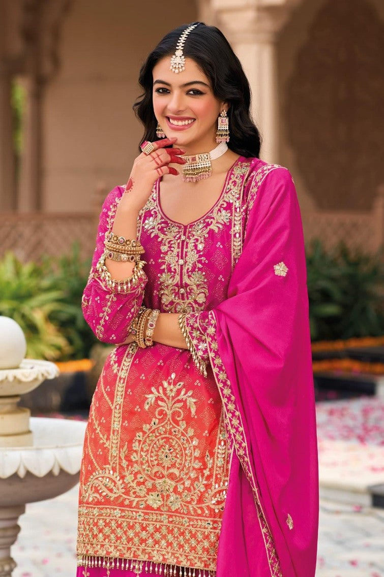 Women Pink And Orange Chinon Palazzo Suit Set