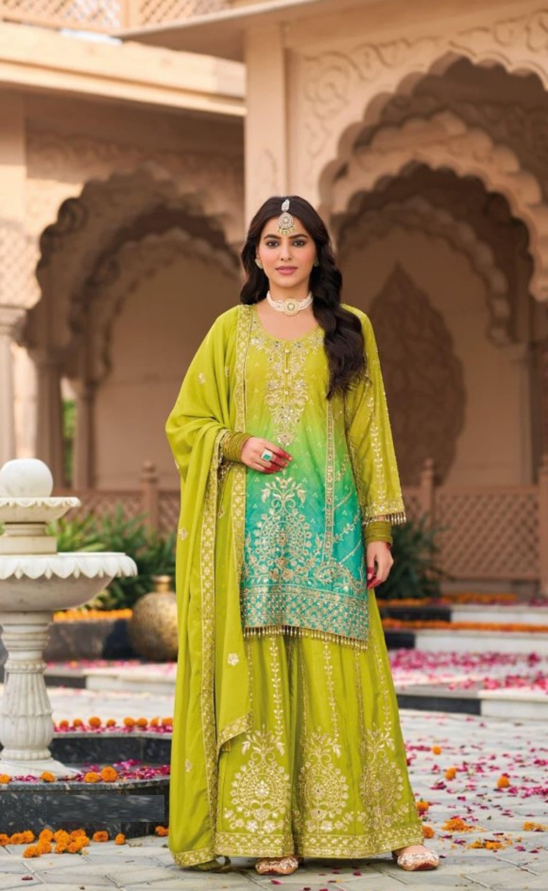 Women Green And Blue Chinon Palazzo Suit Set