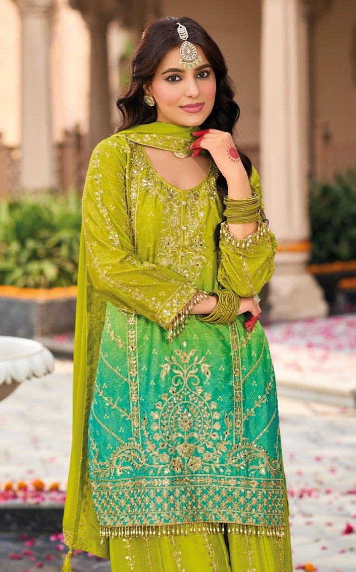 Women Green And Blue Chinon Palazzo Suit Set