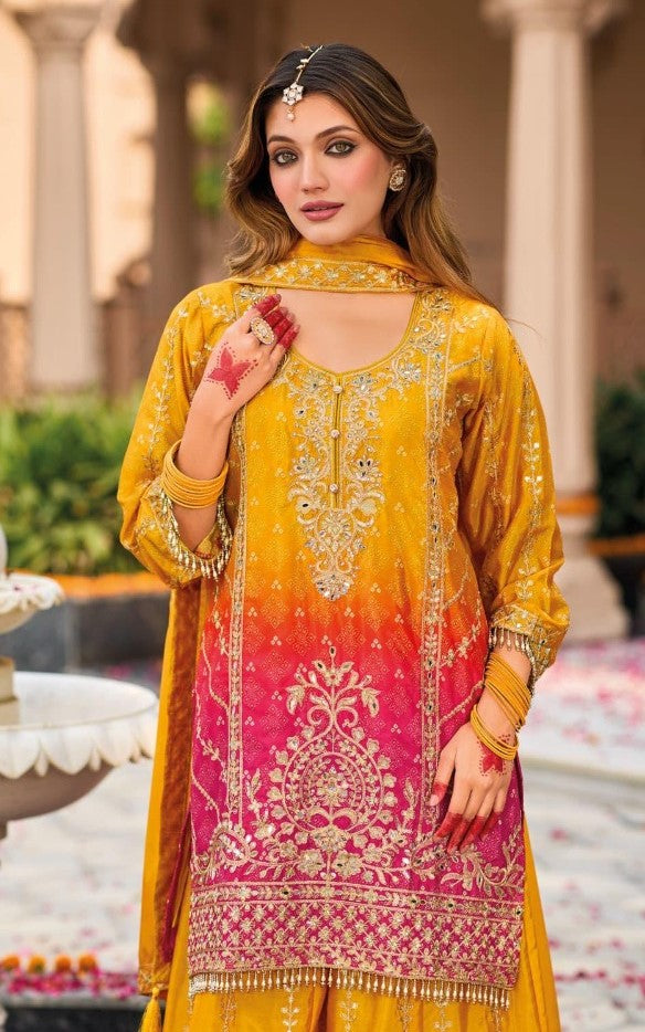 Women Mustard And Pink Chinon Palazzo Suit Set