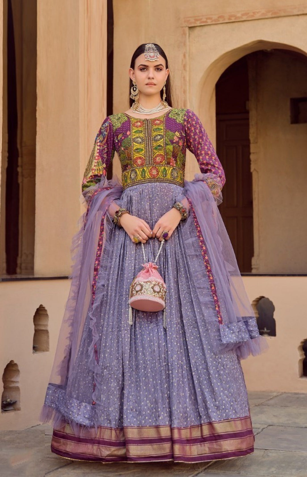 Women Grey Silk Foil Print Gown With Dupatta