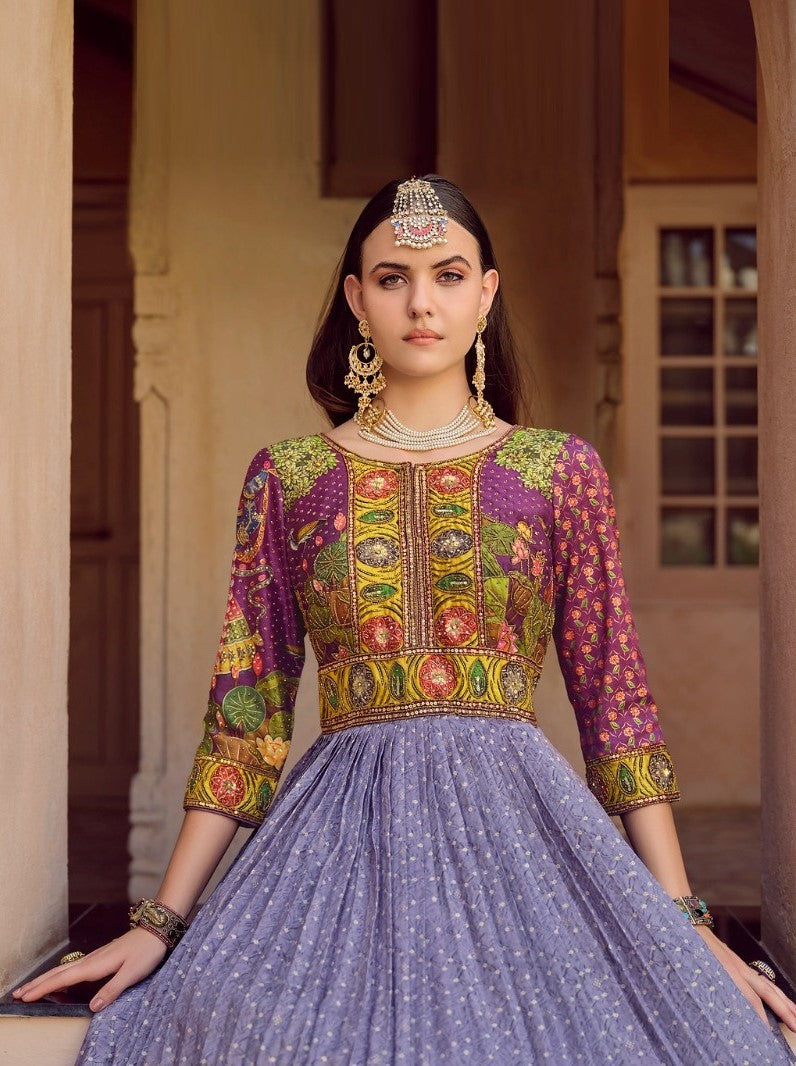 Women Grey Silk Foil Print Gown With Dupatta