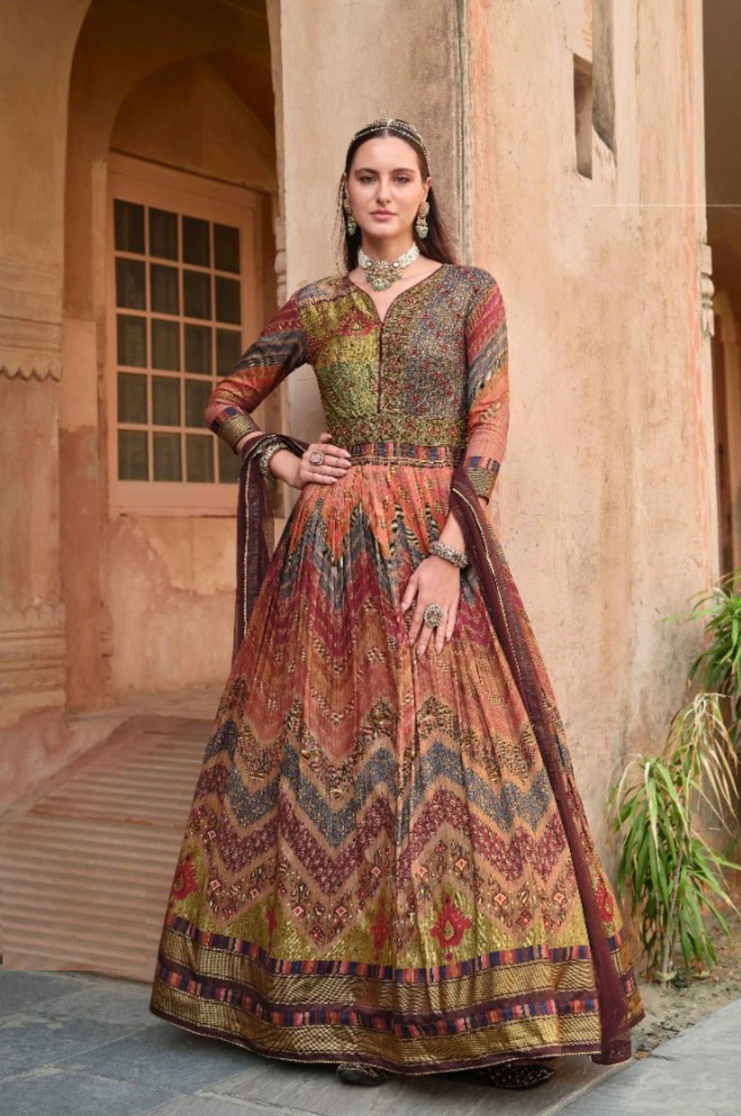 Elegant Multicolor Silk Gown With Dupatta