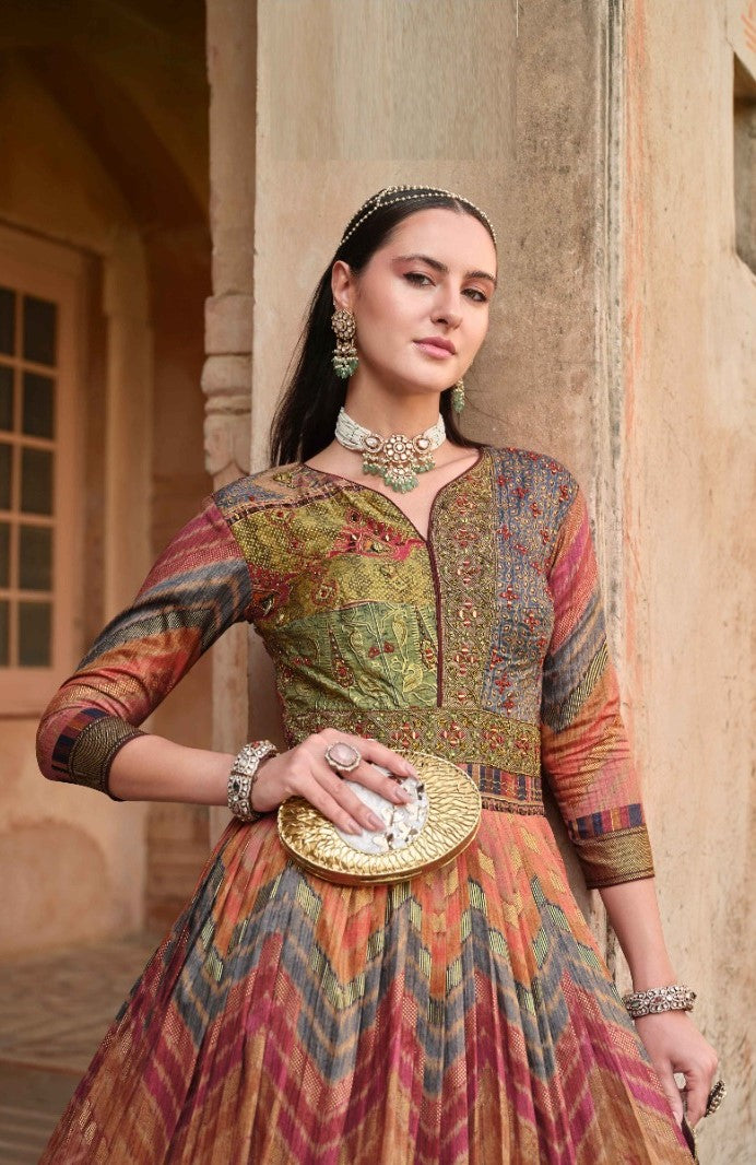 Elegant Multicolor Silk Gown With Dupatta