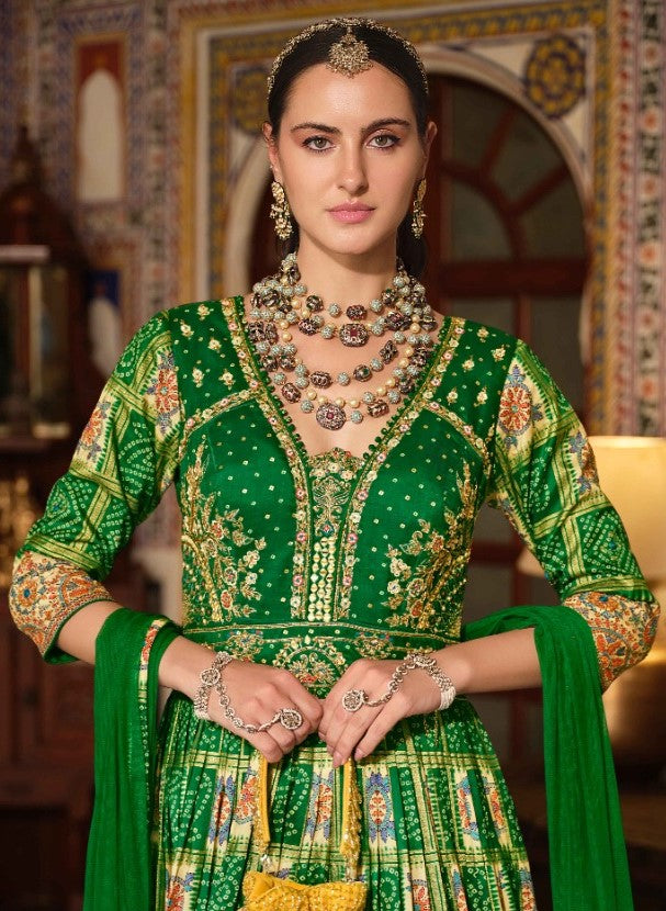 Sophisticated Green Silk Gown With Dupatta