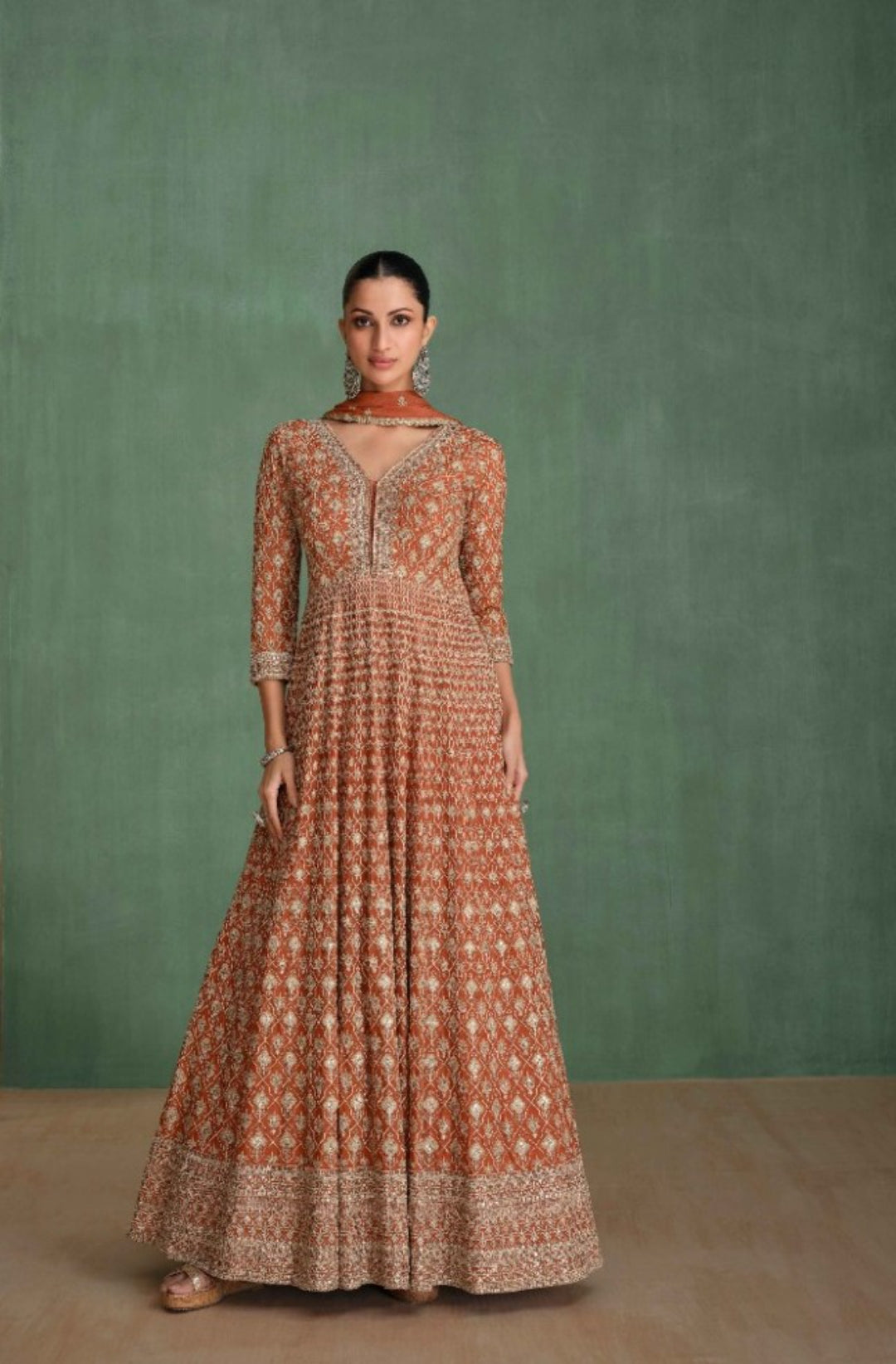 Women Rust Georgette Gown With Dupatta