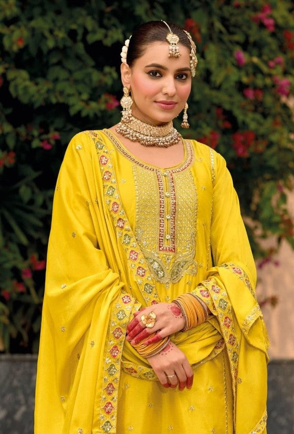 Women Yellow Chinon Palazzo Suit Set With Embroidery Work