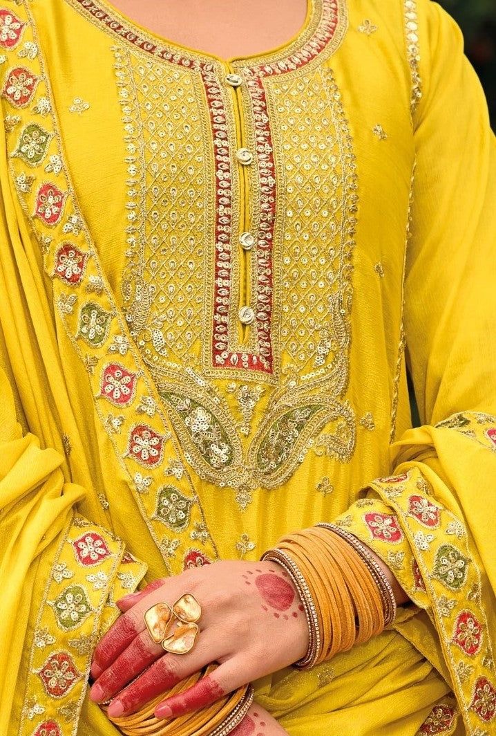 Women Yellow Chinon Palazzo Suit Set With Embroidery Work
