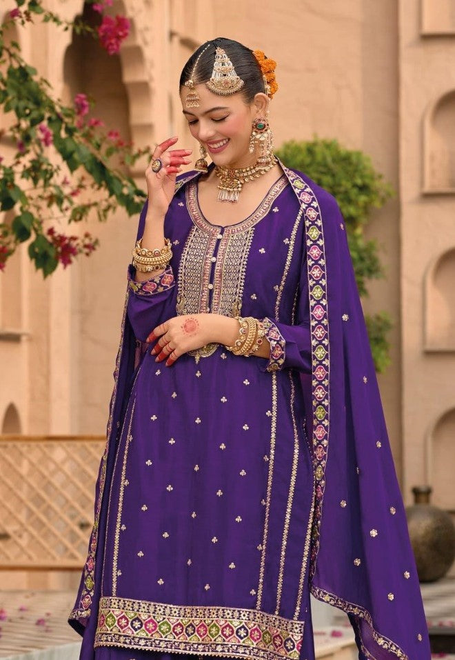Women Purple Chinon Palazzo Suit Set With Embroidery Work