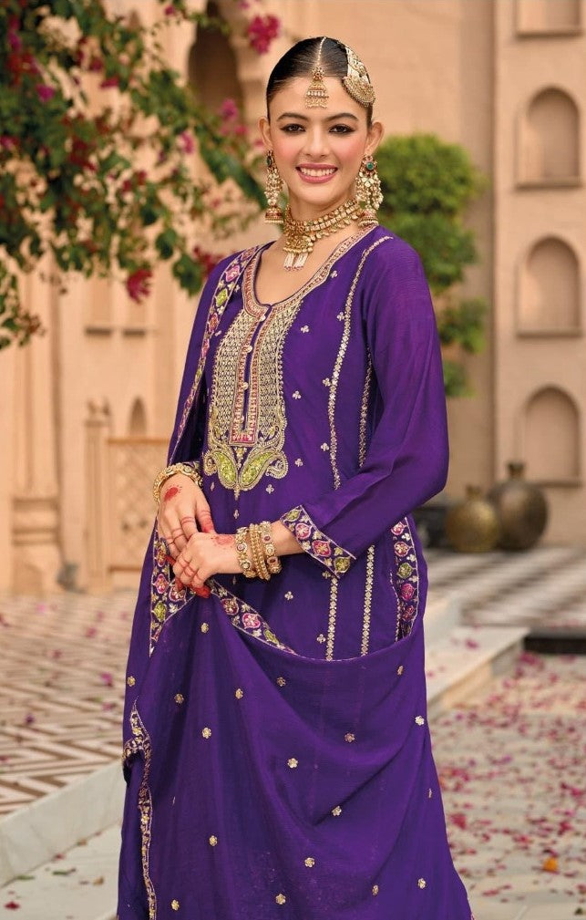 Women Purple Chinon Palazzo Suit Set With Embroidery Work