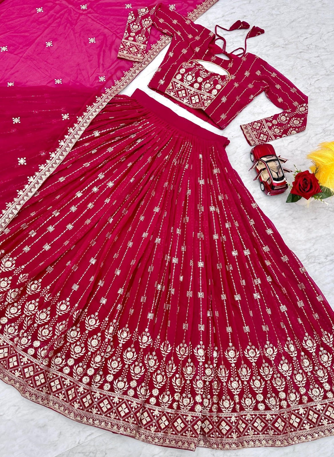 Women Pink Georgette Sequins With Embroidery Work Stylish Lehenga
