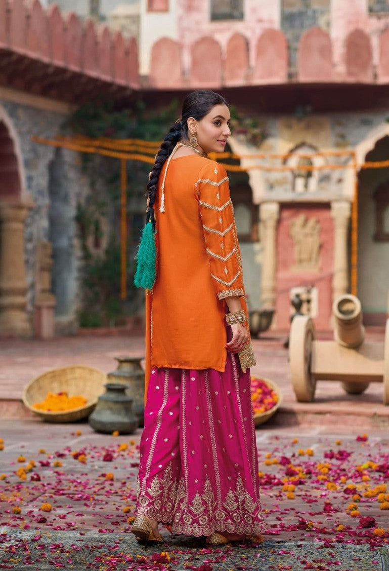 Women Orange And Pink Chinon Palazzo Suit Set