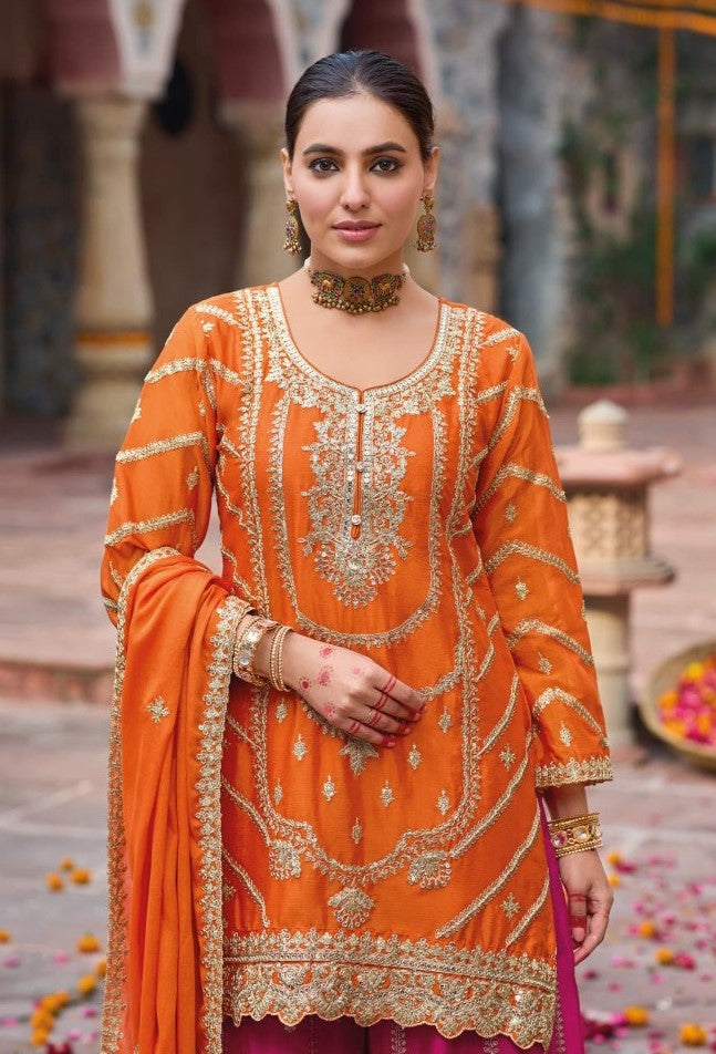 Women Orange And Pink Chinon Palazzo Suit Set