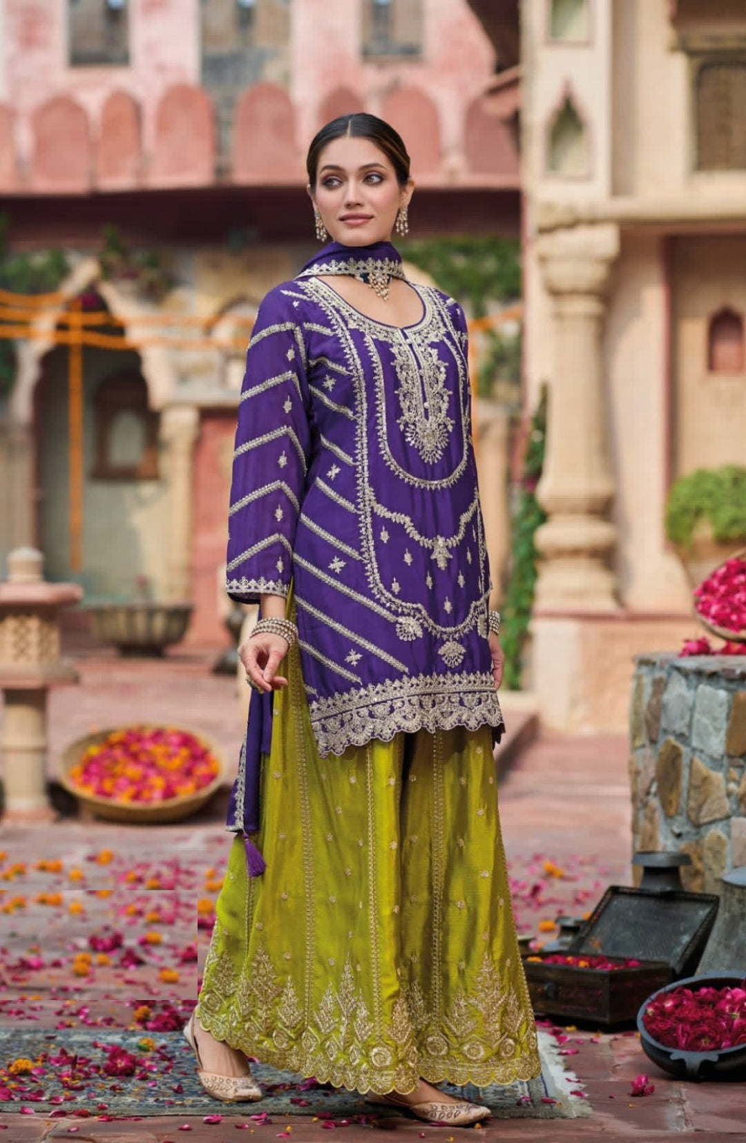 Women Purple And Green Chinon Palazzo Suit Set