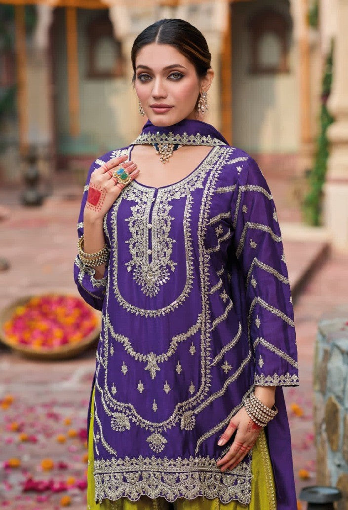 Women Purple And Green Chinon Palazzo Suit Set