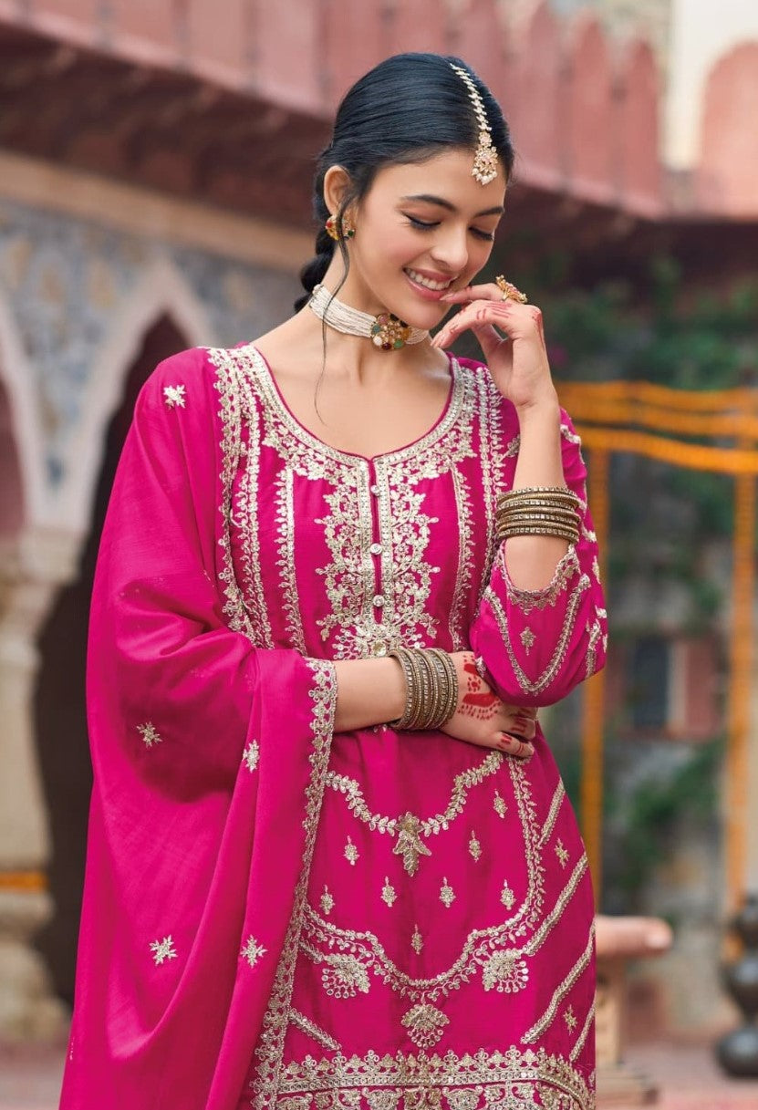 Women Pink And Purple Chinon Palazzo Suit Set