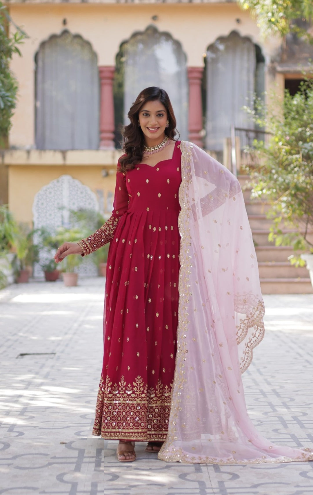 Women Rose Pink Georgette Gown With Dupatta With Embroidery Work