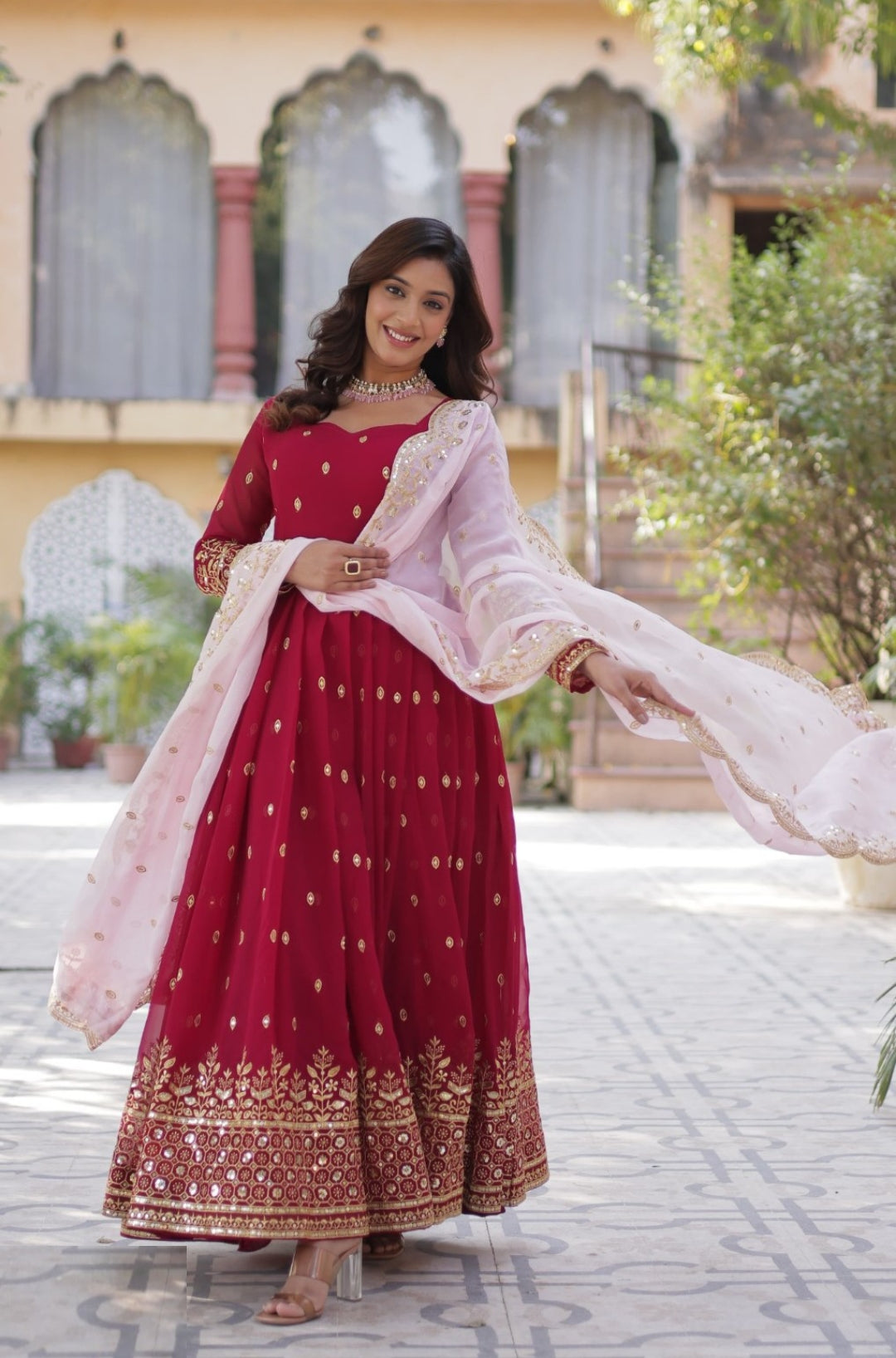 Women Rose Pink Georgette Gown With Dupatta With Embroidery Work