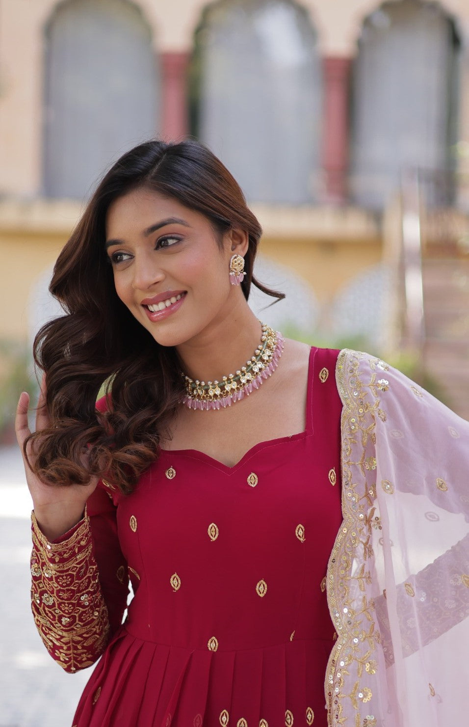 Women Rose Pink Georgette Gown With Dupatta With Embroidery Work