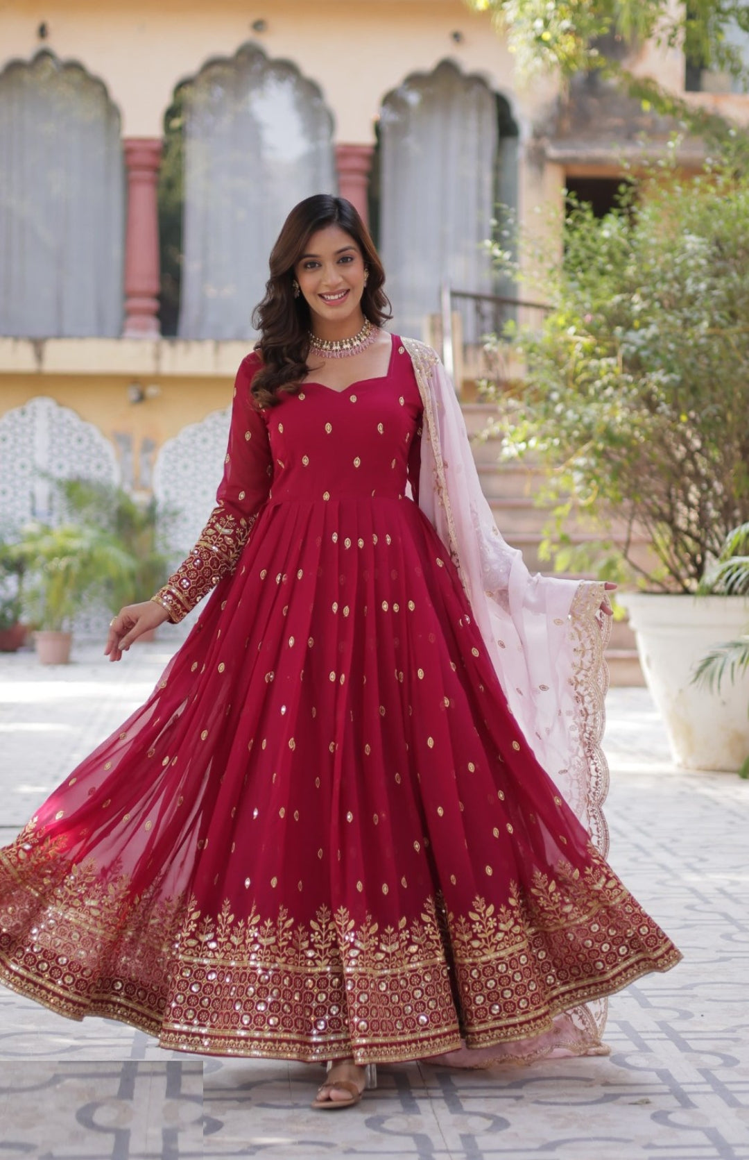 Women Rose Pink Georgette Gown With Dupatta With Embroidery Work