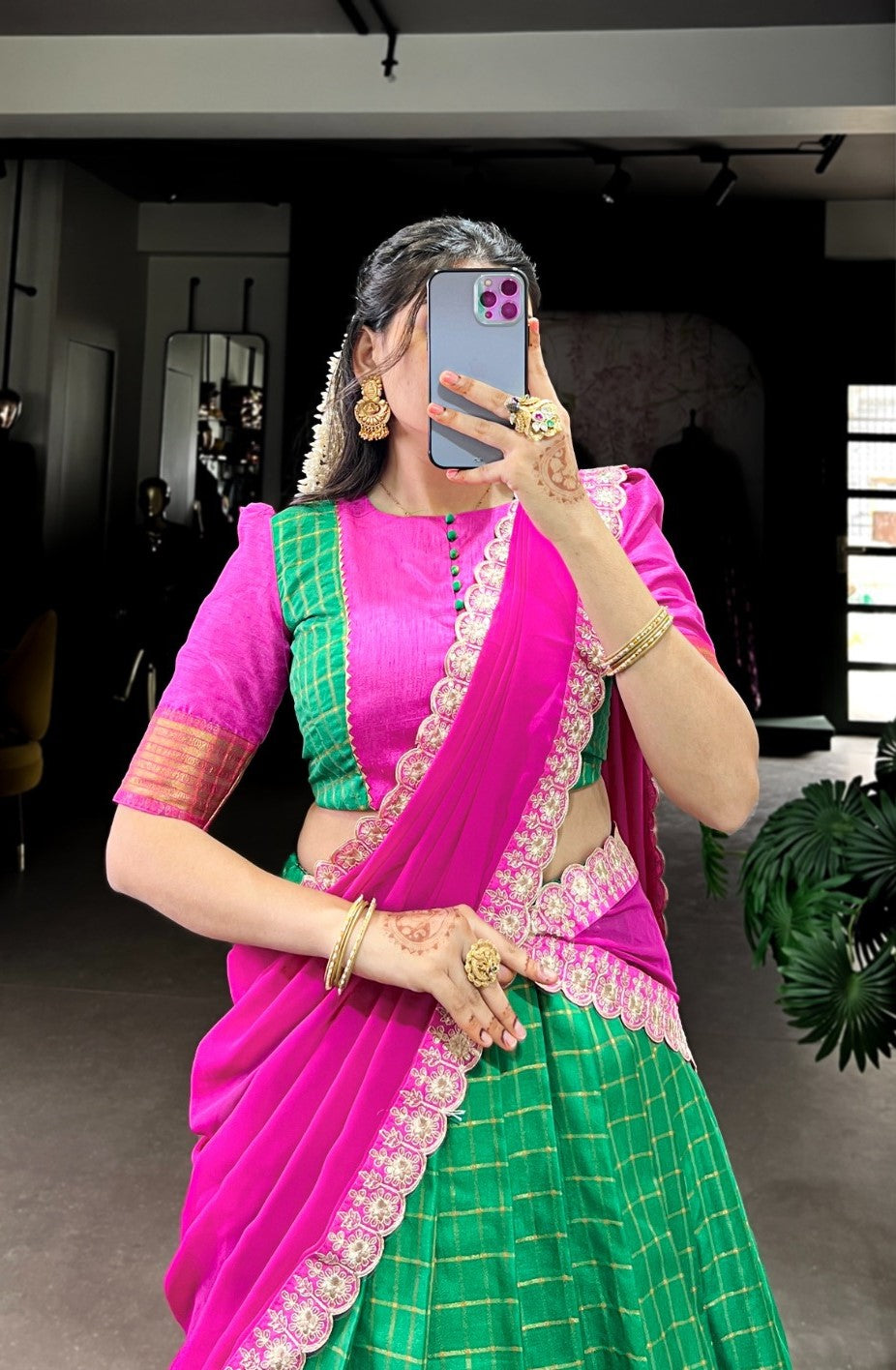 Women Green And Pink Zari Silk Checks Traditional Lehenga