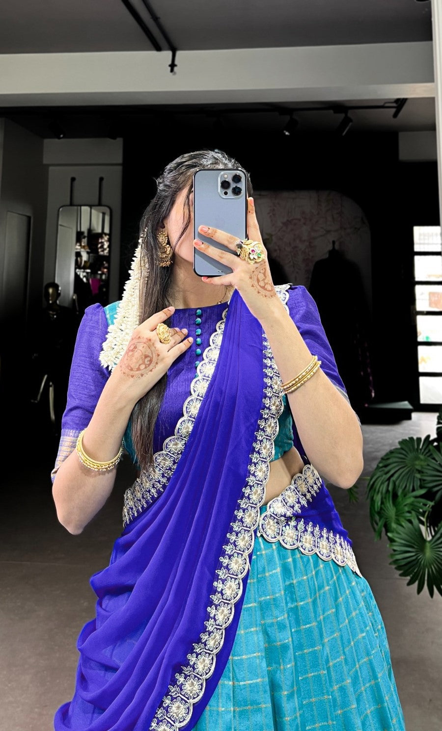 Women Teal And Royal Blue Zari Silk Checks Traditional Lehenga