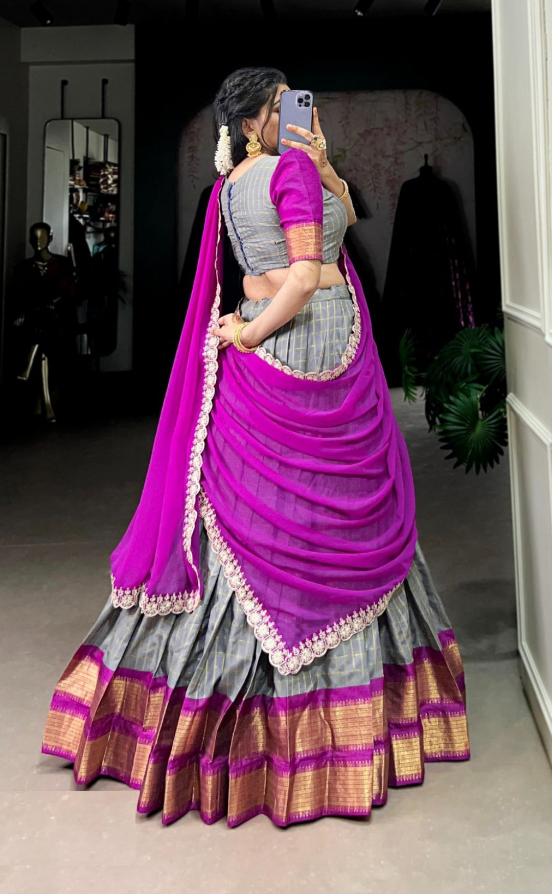 Women Grey And Pink Zari Silk Checks Traditional Lehenga