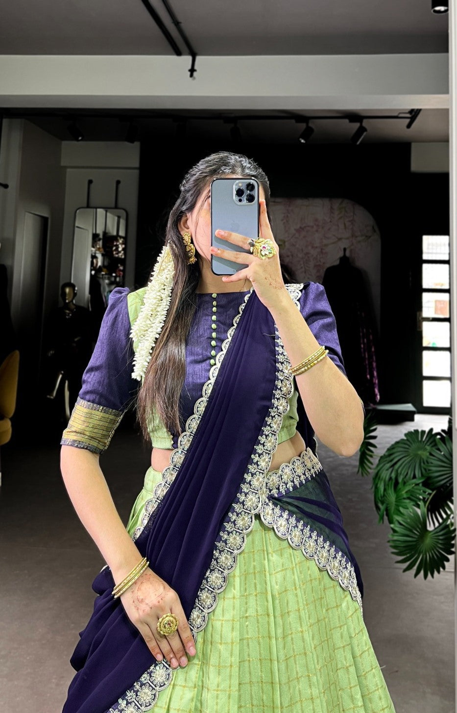 Women Sea Green And Navy Blue Zari Silk Checks Traditional Lehenga