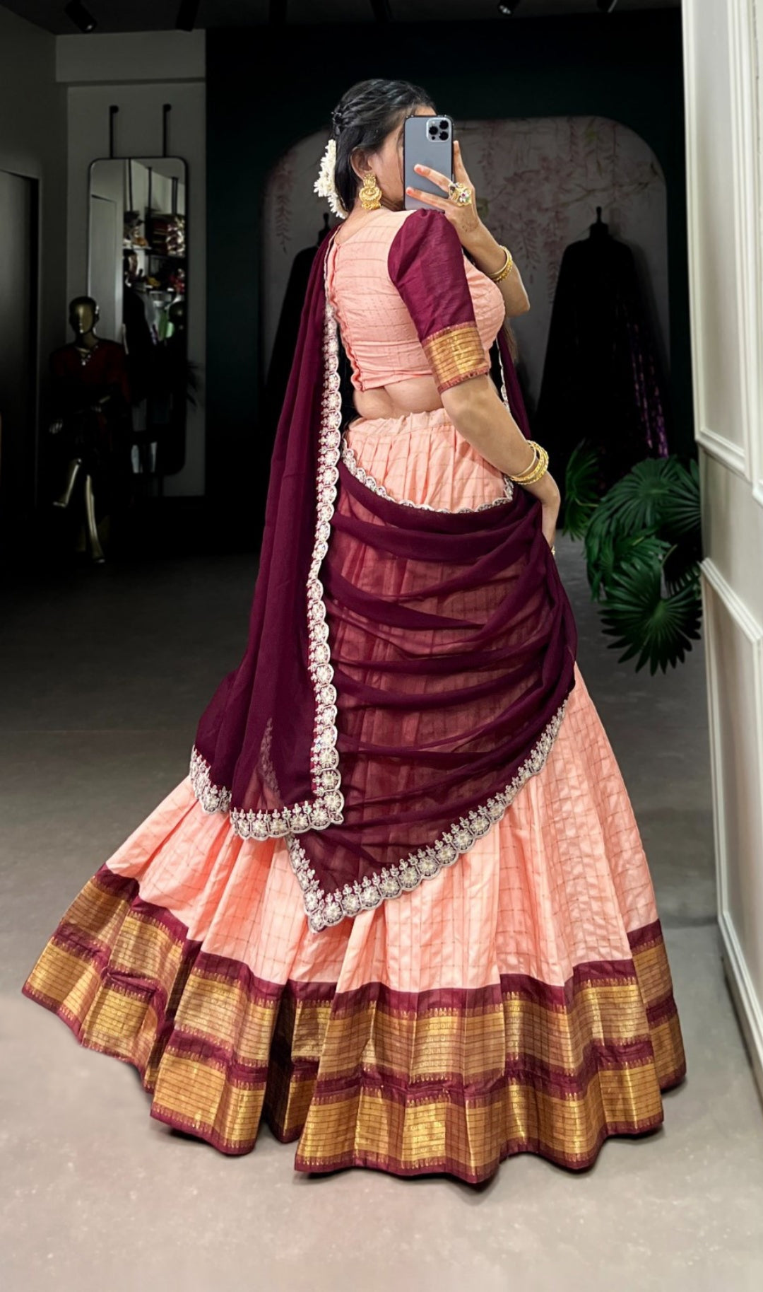 Women Peach And Burgundy Zari Silk Checks Traditional Lehenga