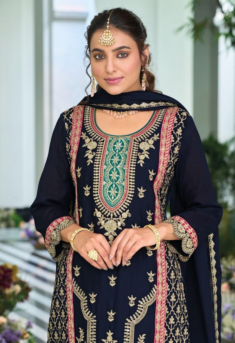 Women Black Chinon Pakistani Suit Set With Embroidery Work
